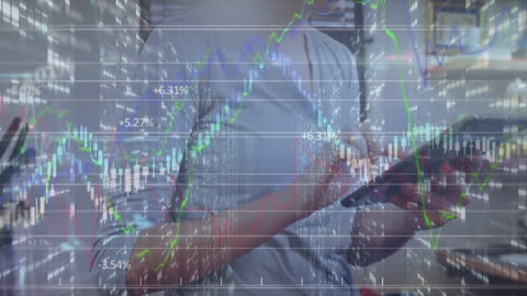 Businesswoman Analyzing Financial Data on Tablet with Stock Market Graphs Overlay