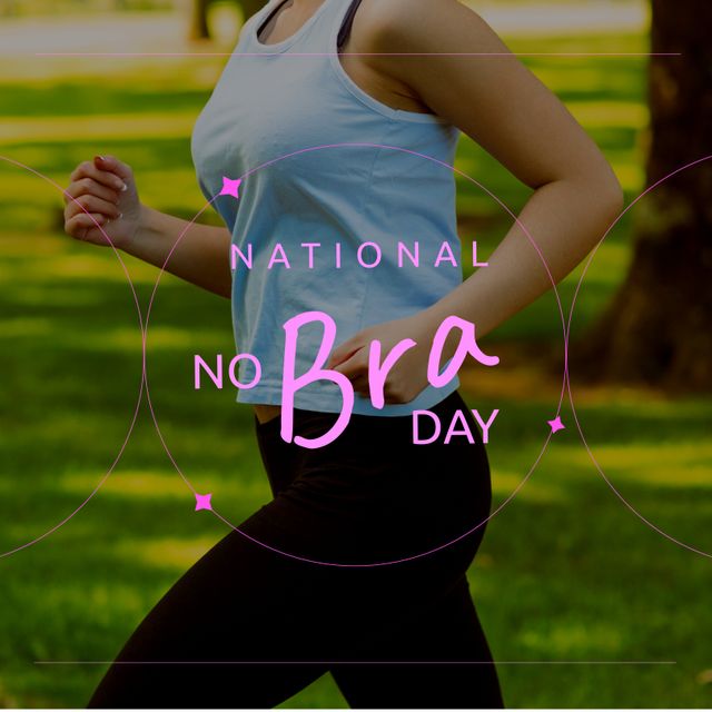 Image of no bra day over midsection of caucasian woman jogging. No bra day, sport and celebration concept.