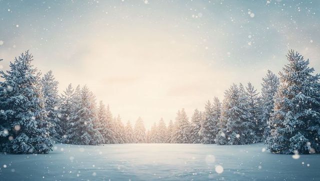 Sunlit Snow Clearing Framed by Frosty Evergreens with Gentle Falling Snowflakes