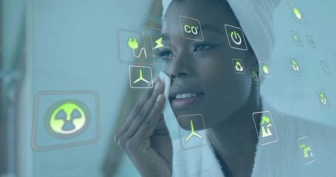 Woman Combining Skincare and Smart Technology with Holographic Icons