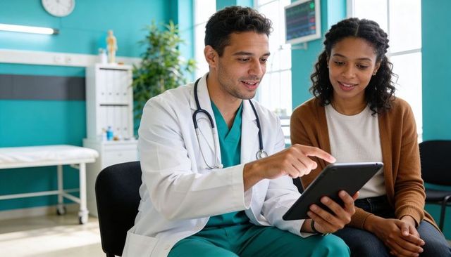 Physician reviewing tablet with patient in modern clinic for digital health consultation