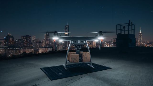 Hovering delivery drone carrying parcels on rooftop landing pad at night over city skyline