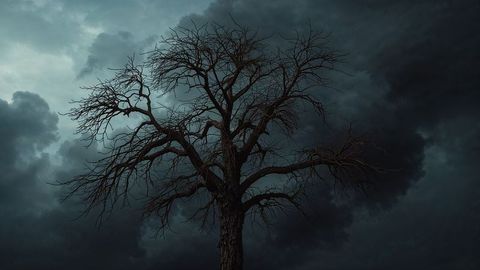 Dramatic Barren Tree Under Ominous Stormy Skies