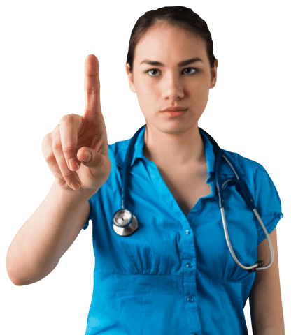 Caucasian female nurse gestures with stethoscope on transparent background