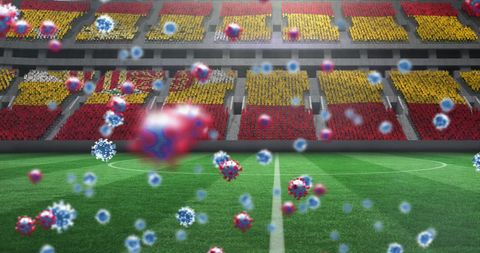 Coronavirus Cells over Empty Stadium with Spanish Flag