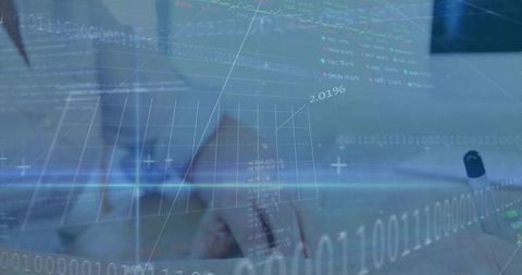 Woman writing notes with digital analytics overlay, data visualization and workspace focus