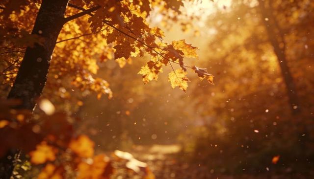 Sunlit autumn maple leaves glowing on forest path with backlit bokeh and falling particles