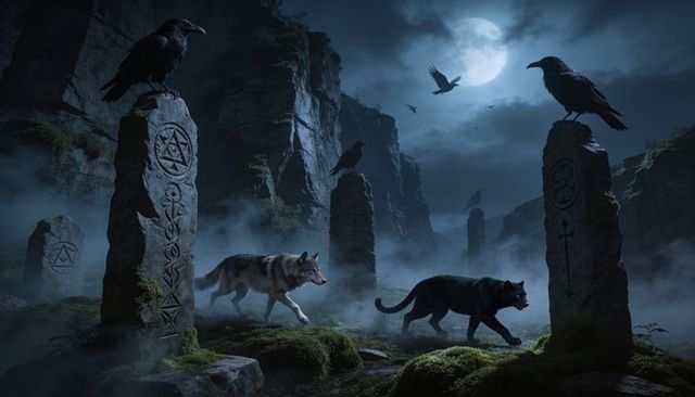 Wolves slipping through moonlit mist among ancient carved standing stones and ravens