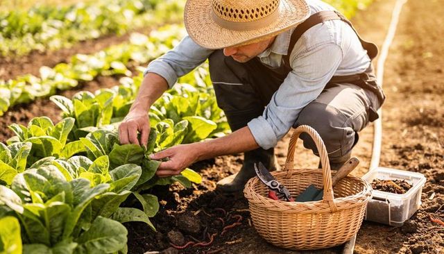 Kneeling gardener harvesting organic leafy greens wearing straw hat and wicker basket