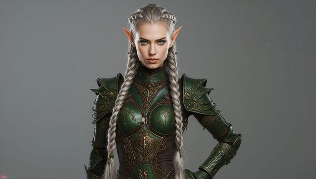 Heroic female elf warrior in engraved green armor