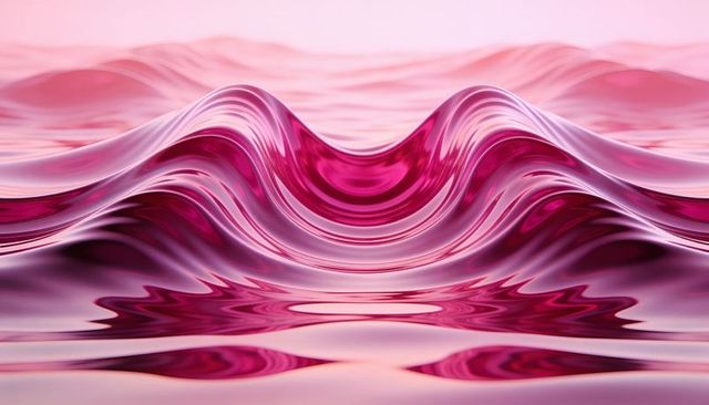 Glossy fuchsia liquid waves with mirror reflections and pink gradient elegance abstract glass