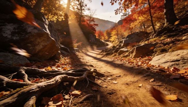 Winding sunlit autumn trail with exposed roots, boulders, sunbeams and golden canopy