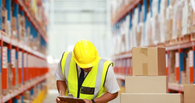 Warehouse worker wearing safety vest and hard hat inspecting inventory with clipboard. Boxes and shelves in background. Use for logistics, warehousing, inventory management or industrial safety themes.