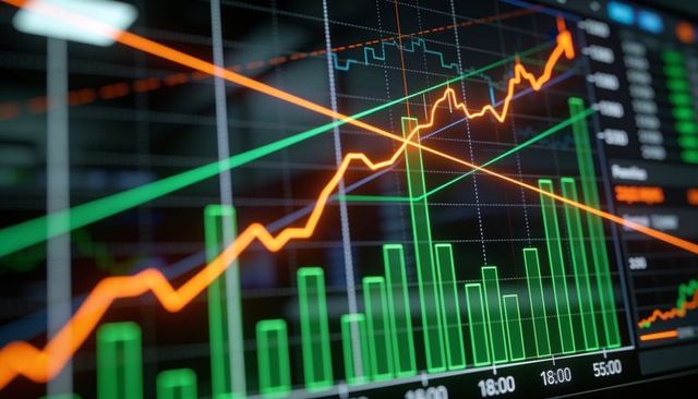 Financial trading dashboard showing upward orange price line over green volume bars