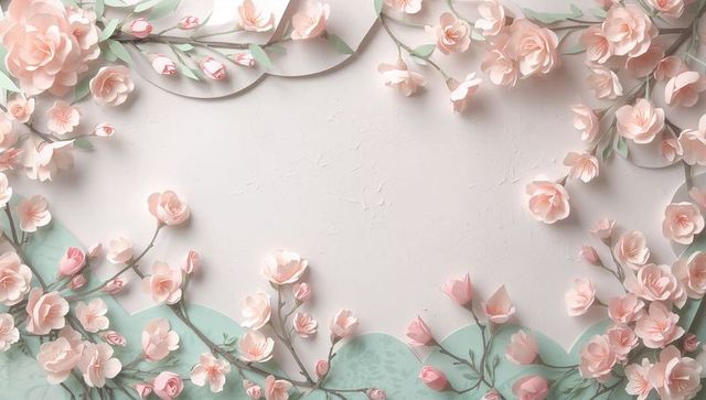 Pastel paper blossoms framing scalloped mint panels around cream textured center