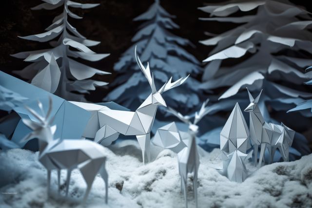 Decorative origami deer pieces depicted in a serene winter forest with paper-crafted trees and snow. Suitable for use in holiday cards, winter-themed designs, art demonstrations, promotional posters, and creative hobby magazines.