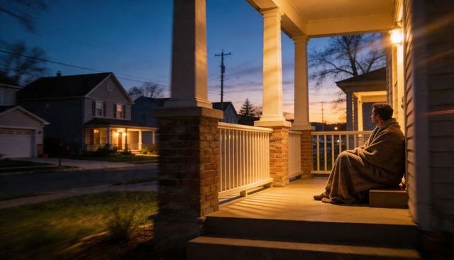 Man sitting wrapped in blanket on front porch steps at twilight, reflective suburban night