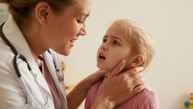 Pediatrician leaning and cupping child's neck during gentle exam showing warmth and trust