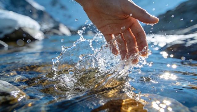 Hand Skimming Sunlit Alpine Stream Creating Splash and Sparkling Droplets Over Pebbles