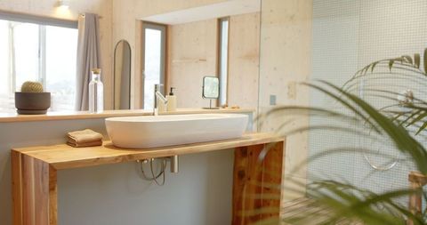 Minimalist Bathroom with Wooden Vanity and Natural Accents