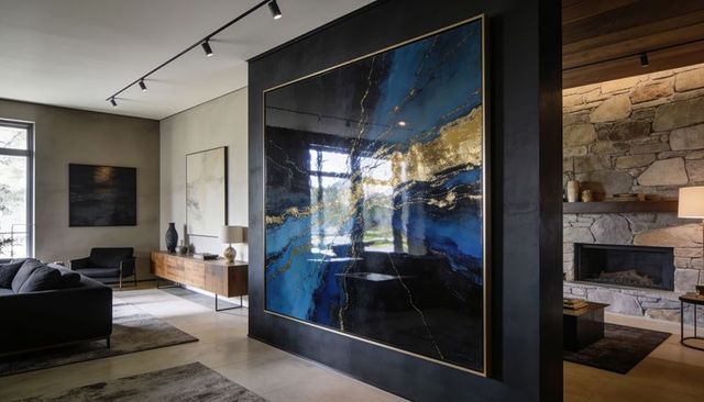 Large glossy blue and gold abstract painting reflecting window in luxury modern living room