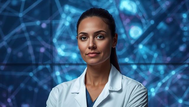 Standing woman scientist wearing white lab coat with glowing neural network background