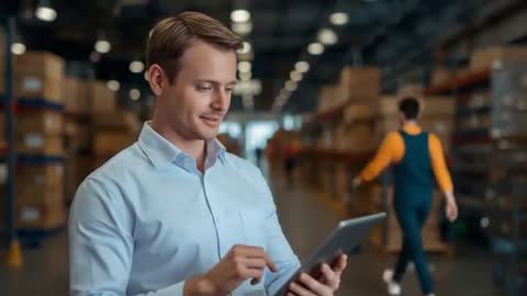 Inventory Manager Using Tablet in Warehouse Aisle