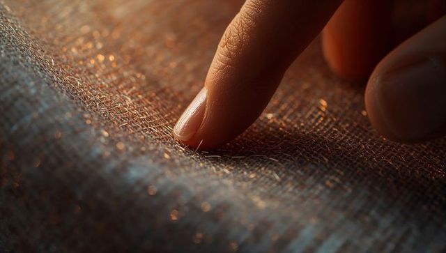 Macro fingertip pressing into textured woven fabric with warm bokeh and tactile detail