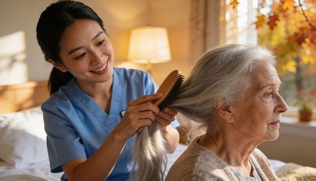 Brushing senior woman's hair at homecare bedside, comforting caregiver-elder bond