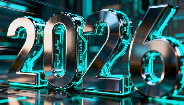 Futuristic chromed 2026 numerals with neon cyan circuit trim on glossy reflective platform