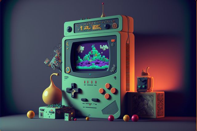 Retro gaming console with bright neon lighting displaying pixel art game on screen. Perfect for illustrating the blend of vintage and futuristic technology, suitable for digital art projects, tech blogs, gaming nostalgia articles, and ads for tech products.