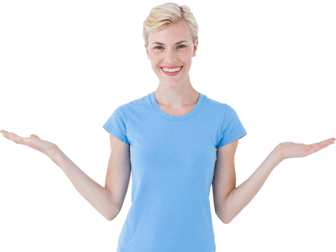 Joyful Blonde Woman Gesturing with Open Arms Transparent Background - Download Free Stock Videos Pikwizard.com