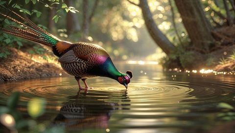 Iridescent pheasant animal drinking in sunlit forest pool