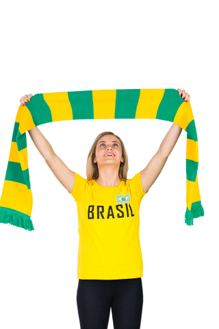 Excited Fan Raising Green Yellow Scarf in Brasil T-Shirt Transparent Background