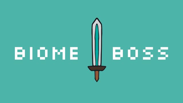This image features a pixel art style logo for a game called 'Biome Boss' with a central sword and pixelated text on a blue background. Ideal for promoting retro-style video games, creating game title screens, or adding pixel art elements to marketing materials.