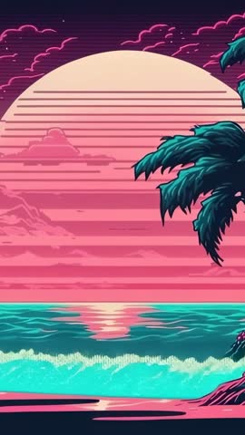 Vertical tropical sunset video showing stylized sun sinking over turquoise waves and swaying palms