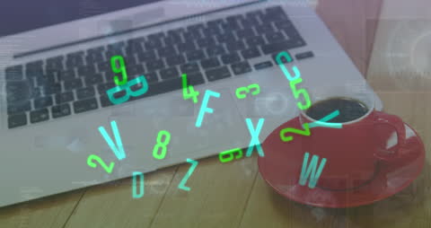 Glowing Numbers and Letters Overlaying Laptop and Coffee