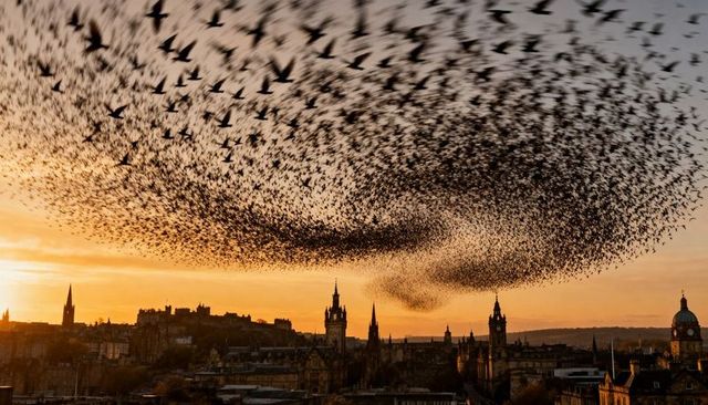 Massive murmuration of starlings forming swirling cloud over historic skyline at golden sunset