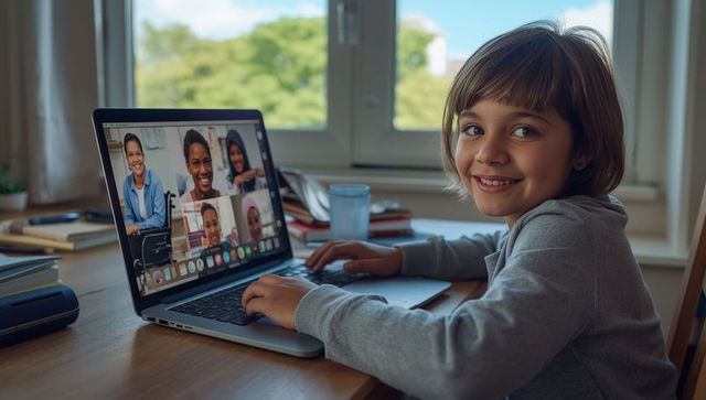 Smiling child engaged in video call for remote learning