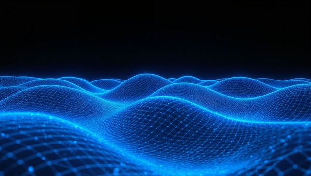 Neon blue wireframe visualizing digital waves futuristic data grid and ai network