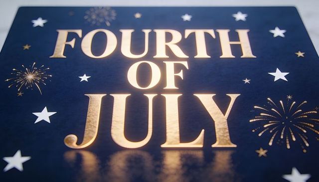 Gold foil fourth of july typography on navy panel with stars and fireworks