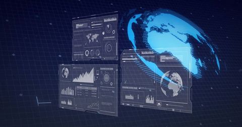 Futuristic digital interface with data analytics and globe visualization