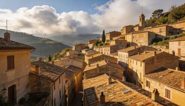 Hillside Village Basking in Golden Light with Terracotta Roofs and Church Bell Tower