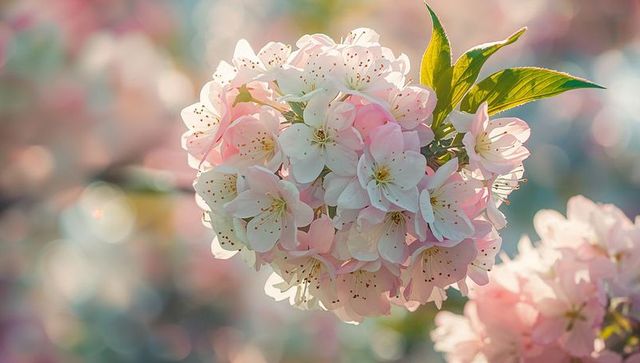 Sunlit pink cherry blossom cluster closeup with pastel bokeh for spring and wedding design