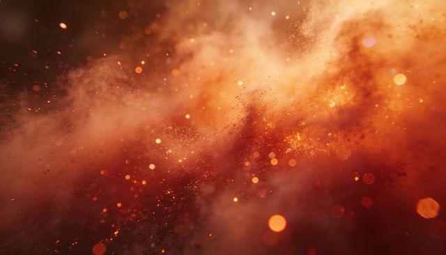 Swirling orange ember cloud with glowing dust and bokeh sparks in dramatic macro motion