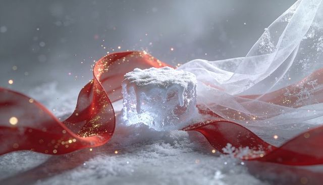 Frosted crystalline cylinder on snow with red silk ribbon and sheer organza drape