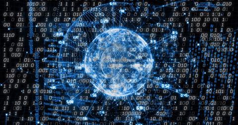 Glowing digital globe surrounded by streaming binary code