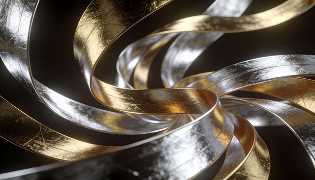 Twisting Gold Silver Metal Ribbons Spiral Sculpture with Scratched Patina