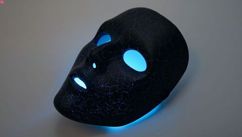 Resting crackled black mask emitting cyan blue glow from eye cavities on neutral surface