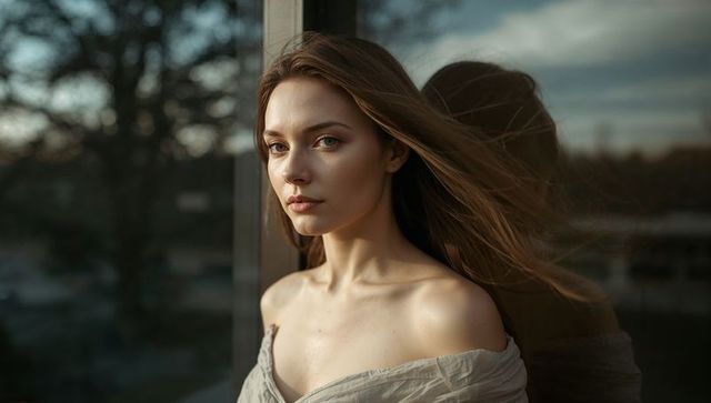 Young woman standing by window with wind-swept hair and reflective glass portrait